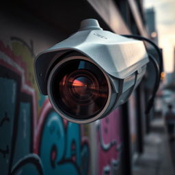 A detailed and realistic close-up view of an HD CCTV camera mounted on a wall, showcasing intricate features such as the lens, housing, and wiring