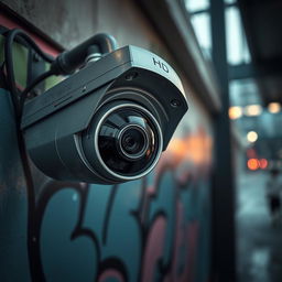 A detailed and realistic close-up view of an HD CCTV camera mounted on a wall, showcasing intricate features such as the lens, housing, and wiring