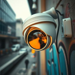 A detailed and realistic close-up view of an HD CCTV camera mounted on a wall, showcasing intricate features such as the lens, housing, and wiring
