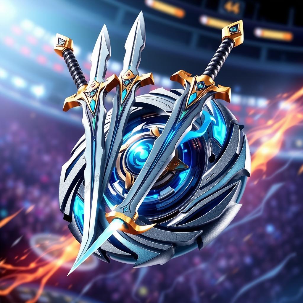 A dynamic and fierce Beyblade design featuring three sharp swords protruding at various angles