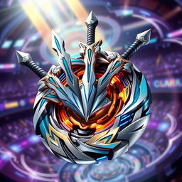 A dynamic and fierce Beyblade design featuring three sharp swords protruding at various angles