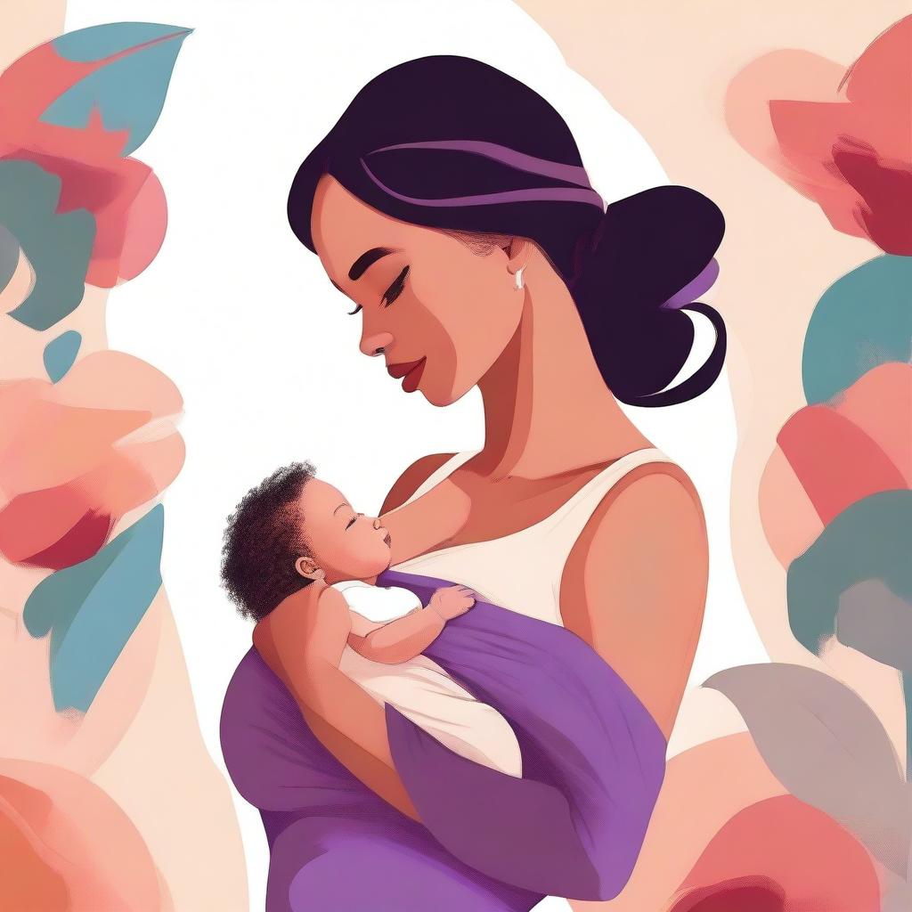 A digital art image of a beautiful young mother, with a voluptuous figure, nurturing her baby