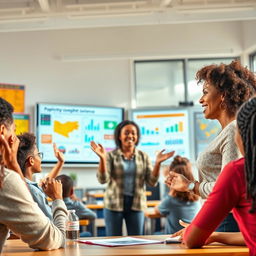 A dynamic and engaging scene depicting a passionate teacher in a modern classroom setting
