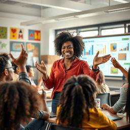 A dynamic and engaging scene depicting a passionate teacher in a modern classroom setting