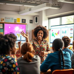 A dynamic and engaging scene depicting a passionate teacher in a modern classroom setting