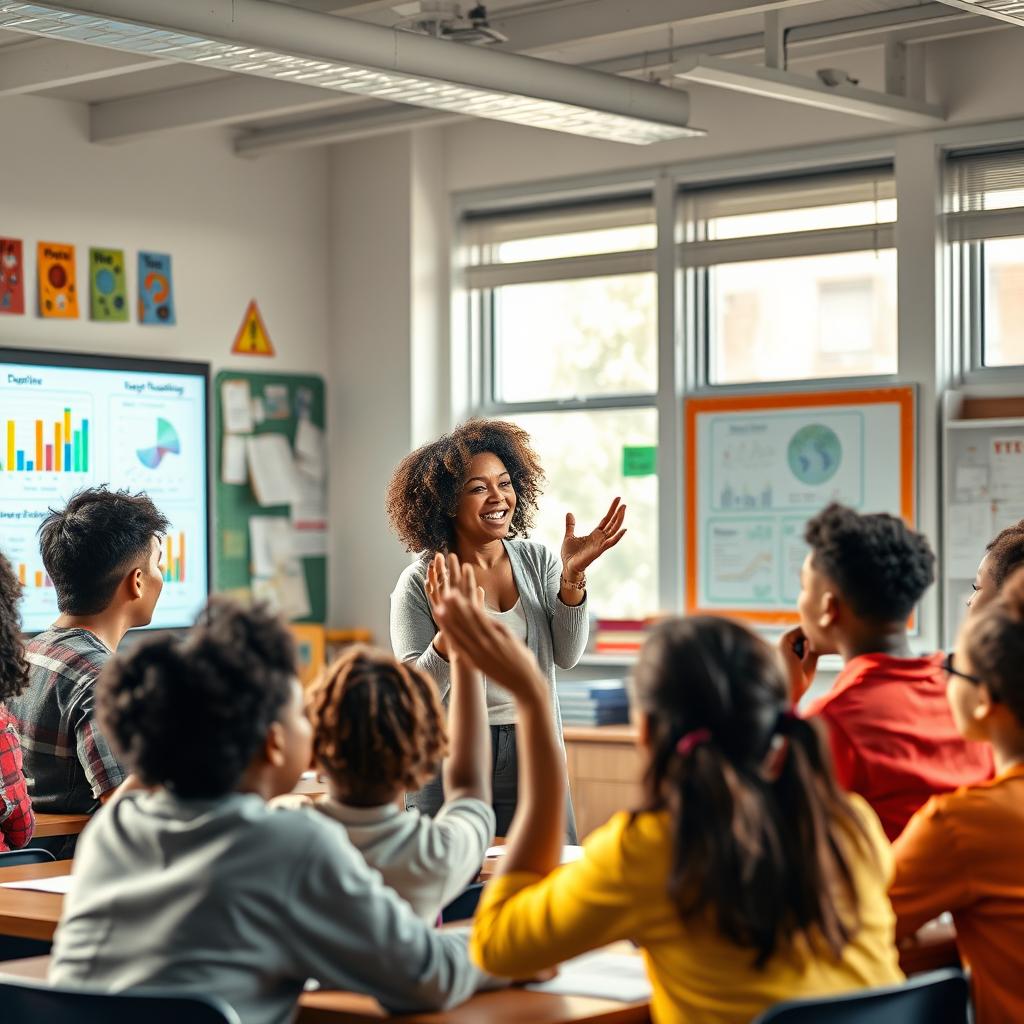 A dynamic and engaging scene depicting a passionate teacher in a modern classroom setting