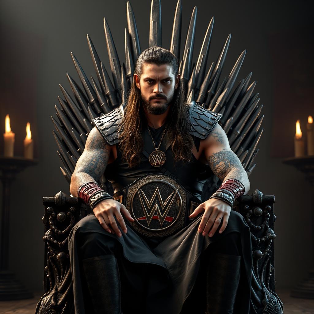 A powerful scene featuring Roman Reigns, dressed in regal attire reminiscent of a Game of Thrones character, sitting on an intricately designed throne that resembles the Iron Throne