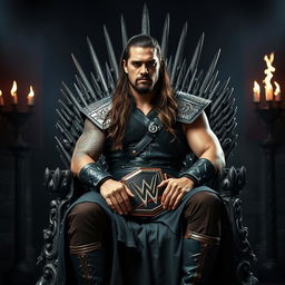 A powerful scene featuring Roman Reigns, dressed in regal attire reminiscent of a Game of Thrones character, sitting on an intricately designed throne that resembles the Iron Throne