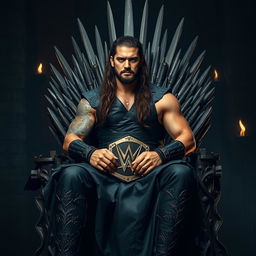 A powerful scene featuring Roman Reigns, dressed in regal attire reminiscent of a Game of Thrones character, sitting on an intricately designed throne that resembles the Iron Throne