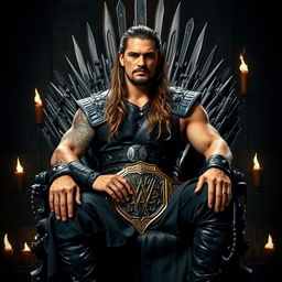A powerful scene featuring Roman Reigns, dressed in regal attire reminiscent of a Game of Thrones character, sitting on an intricately designed throne that resembles the Iron Throne