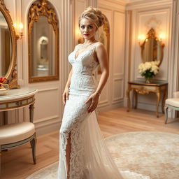 A full length photograph of a soft curvy 19-year-old girl with a thin face and blond hair elegantly styled in an updo