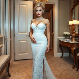 A full length photograph of a soft curvy 19-year-old girl with a thin face and blond hair elegantly styled in an updo