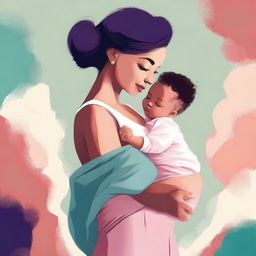 A digital art image of a beautiful young mother, with a voluptuous figure, nurturing her baby