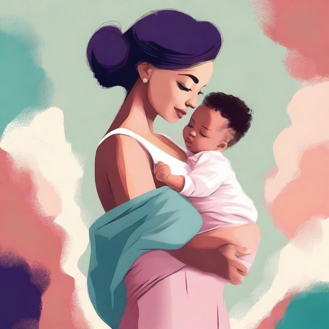 A digital art image of a beautiful young mother, with a voluptuous figure, nurturing her baby