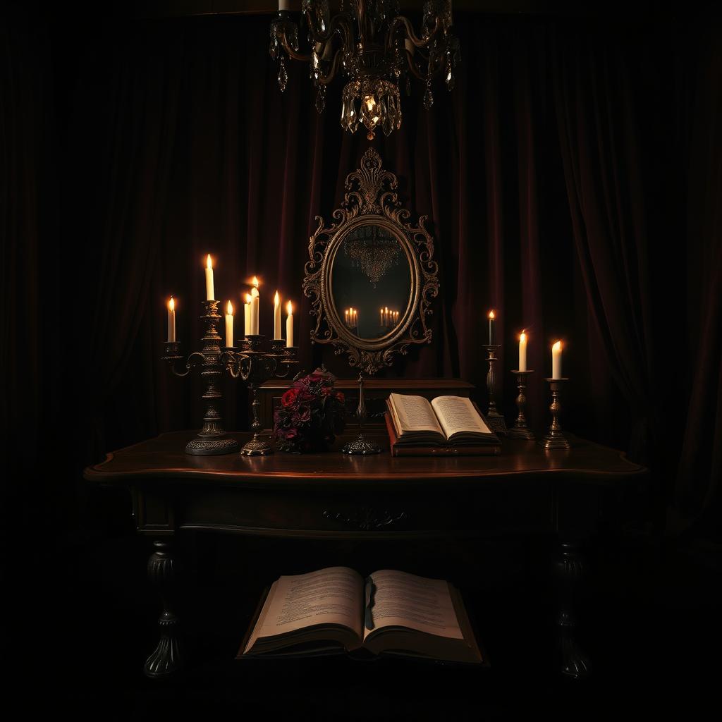 A stunning tableau of a dark, moody room with rich textures and deep shadows
