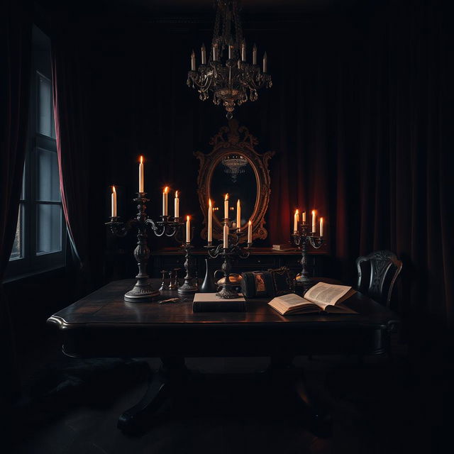 A stunning tableau of a dark, moody room with rich textures and deep shadows