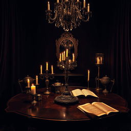 A stunning tableau of a dark, moody room with rich textures and deep shadows