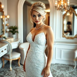 A full length photograph of a soft curvy 19-year-old girl with a thin face and gorgeous blond hair elegantly styled in an updo