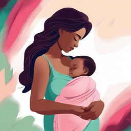 A digital art image of a beautiful young mother, with a voluptuous figure, nurturing her baby