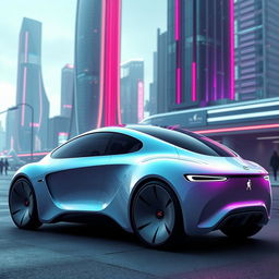 A futuristic car featuring a curvy, round, and soft design, showcasing smooth lines and a sleek silhouette