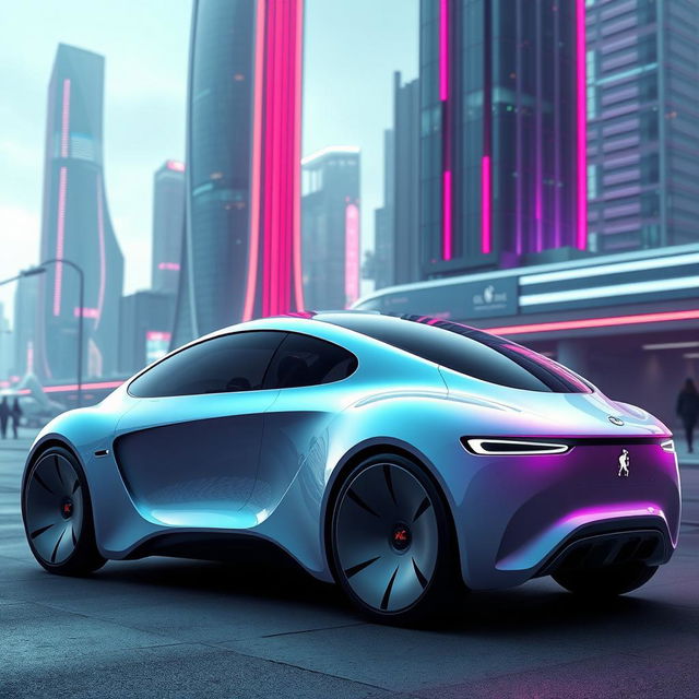 A futuristic car featuring a curvy, round, and soft design, showcasing smooth lines and a sleek silhouette