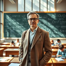 A sophisticated professor standing confidently in front of a blackboard filled with equations and scientific diagrams, wearing a tweed jacket, glasses, and a thoughtful expression