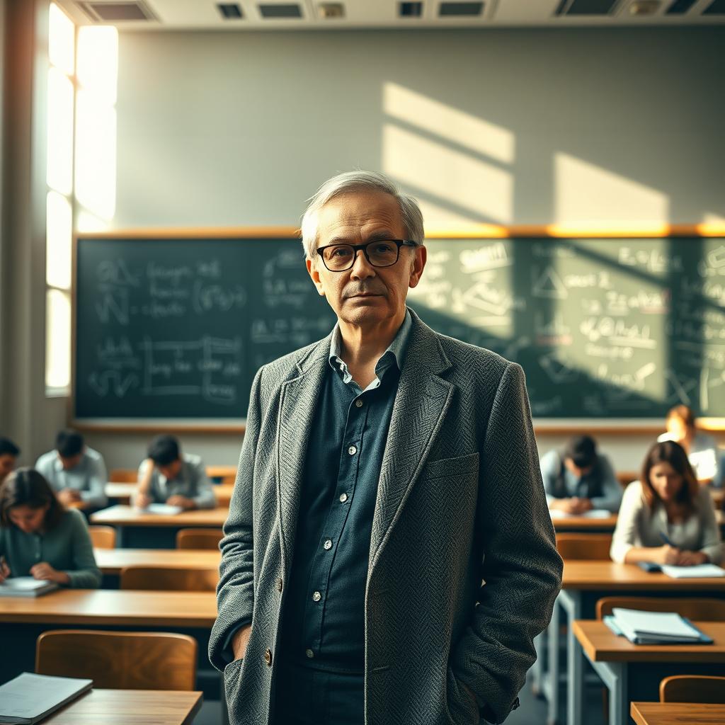 A sophisticated professor standing confidently in front of a blackboard filled with equations and scientific diagrams, wearing a tweed jacket, glasses, and a thoughtful expression