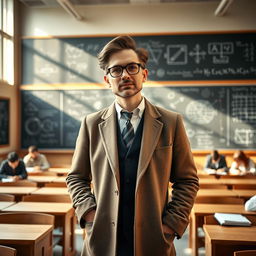A sophisticated professor standing confidently in front of a blackboard filled with equations and scientific diagrams, wearing a tweed jacket, glasses, and a thoughtful expression
