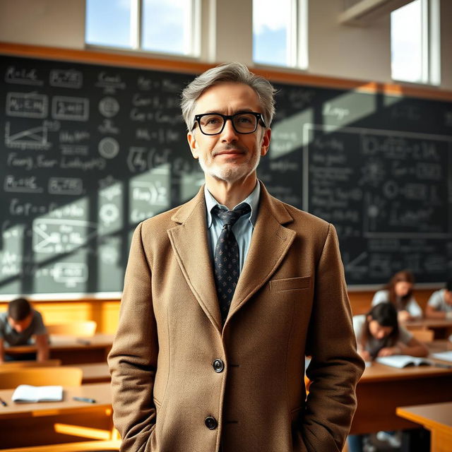 A sophisticated professor standing confidently in front of a blackboard filled with equations and scientific diagrams, wearing a tweed jacket, glasses, and a thoughtful expression