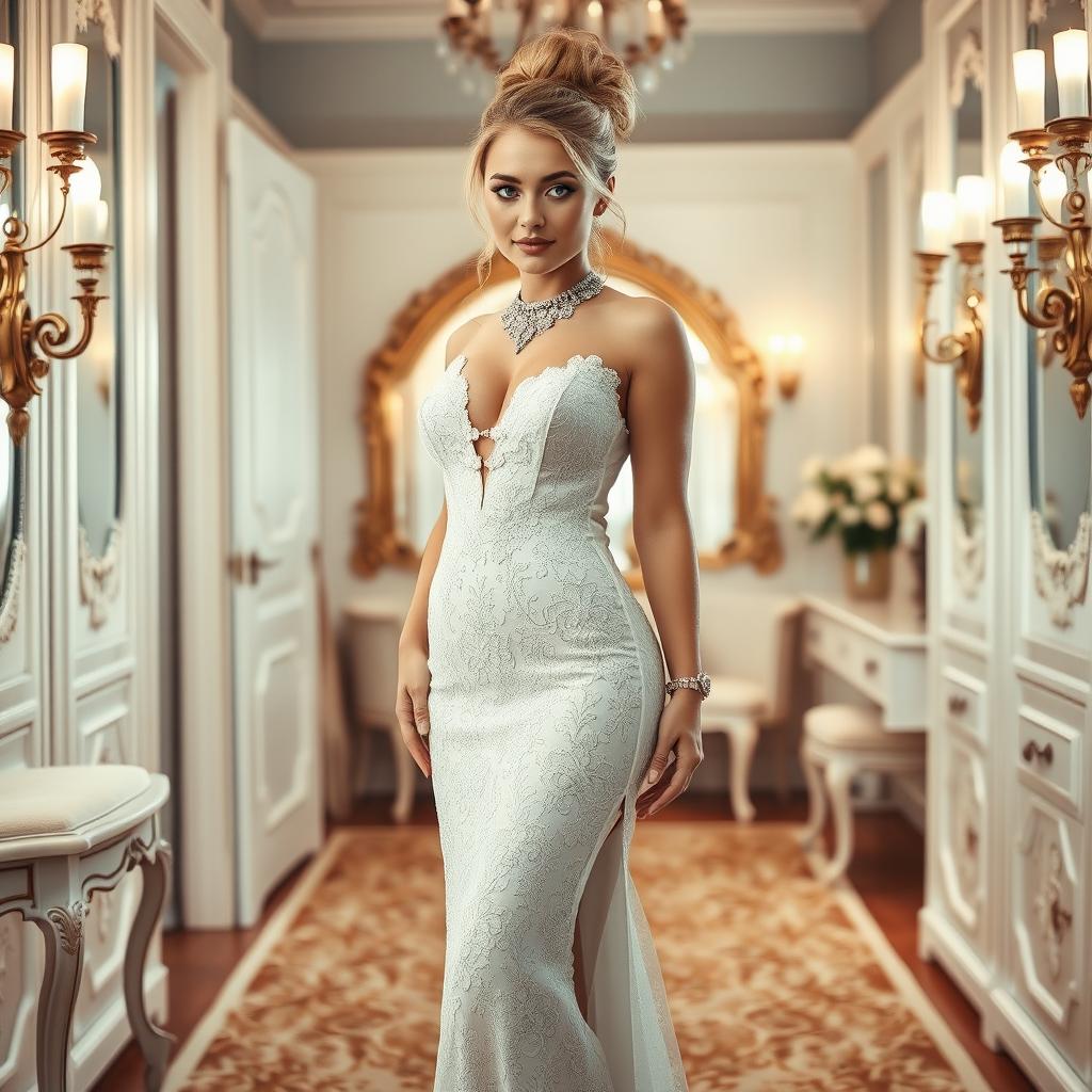 A full length photograph of a soft curvy 19-year-old girl with a thin face and stunning blond hair styled in an elegant updo