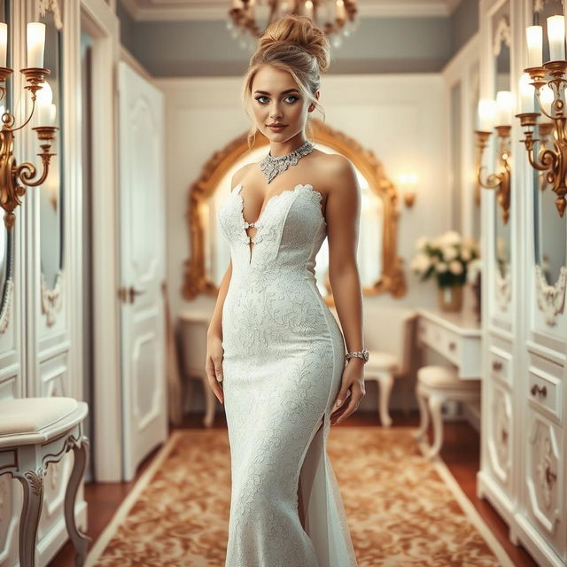 A full length photograph of a soft curvy 19-year-old girl with a thin face and stunning blond hair styled in an elegant updo