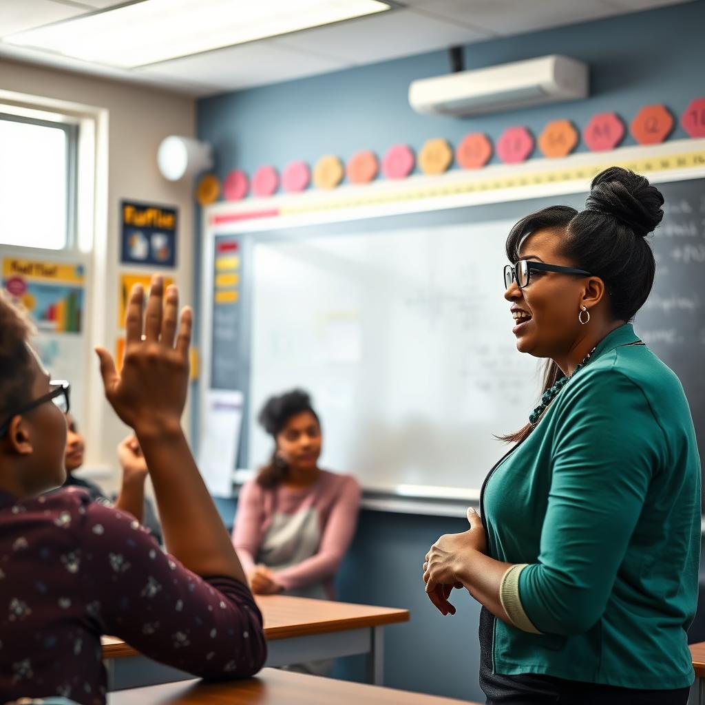 A classroom setting with a passionate teacher engaging with a diverse group of high school students