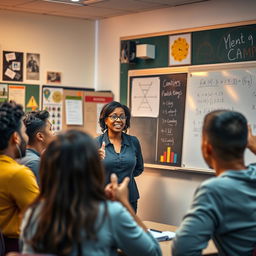 A classroom setting with a passionate teacher engaging with a diverse group of high school students