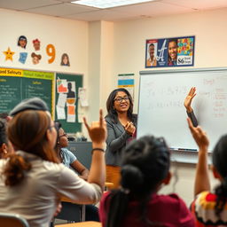 A classroom setting with a passionate teacher engaging with a diverse group of high school students