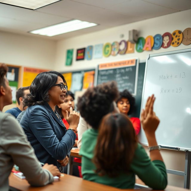 A classroom setting with a passionate teacher engaging with a diverse group of high school students