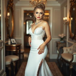 A full length photograph of a soft curvy 19-year-old girl with a thin face and beautiful blond hair styled in an elegant updo