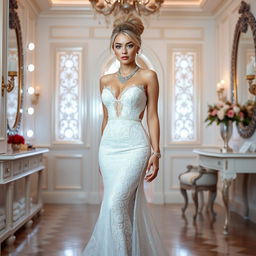 A full length photograph of a soft curvy 19-year-old girl with a thin face and beautiful blond hair styled in an elegant updo