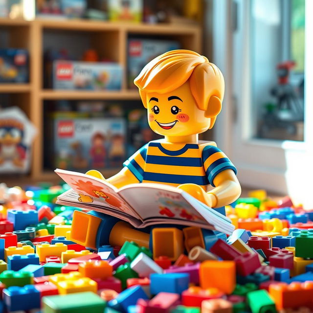 A colorful LEGO scene featuring a cheerful little boy made of LEGO bricks, sitting cross-legged on the floor while reading an open book