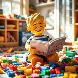 A colorful LEGO scene featuring a cheerful little boy made of LEGO bricks, sitting cross-legged on the floor while reading an open book