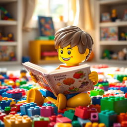 A colorful LEGO scene featuring a cheerful little boy made of LEGO bricks, sitting cross-legged on the floor while reading an open book