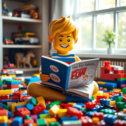 A colorful LEGO scene featuring a cheerful little boy made of LEGO bricks, sitting cross-legged on the floor while reading an open book
