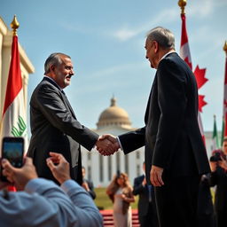 A diplomatic scene depicting the Presidents of Iraq, Yemen, and Canada standing together