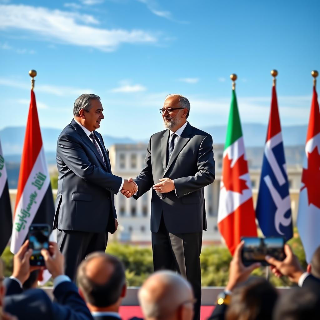 A diplomatic scene depicting the Presidents of Iraq, Yemen, and Canada standing together