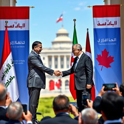 A diplomatic scene depicting the Presidents of Iraq, Yemen, and Canada standing together