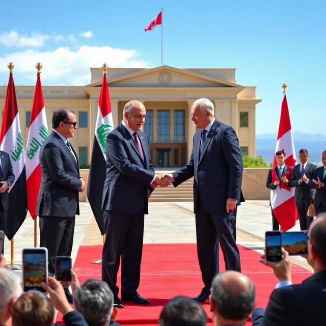 A diplomatic scene depicting the Presidents of Iraq, Yemen, and Canada standing together