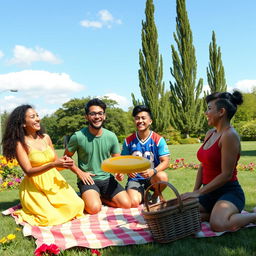 A vibrant outdoor scene with a group of diverse friends enjoying a sunny day at a park