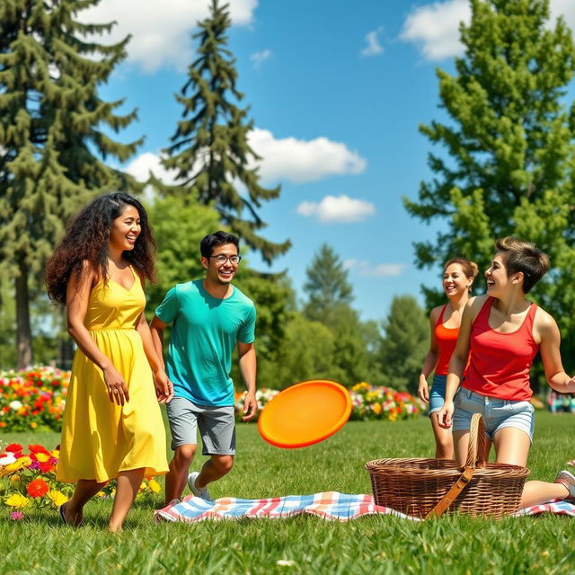 A vibrant outdoor scene with a group of diverse friends enjoying a sunny day at a park