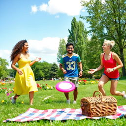 A vibrant outdoor scene with a group of diverse friends enjoying a sunny day at a park
