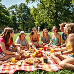 A vibrant group of friends enjoying a sunny day at a park