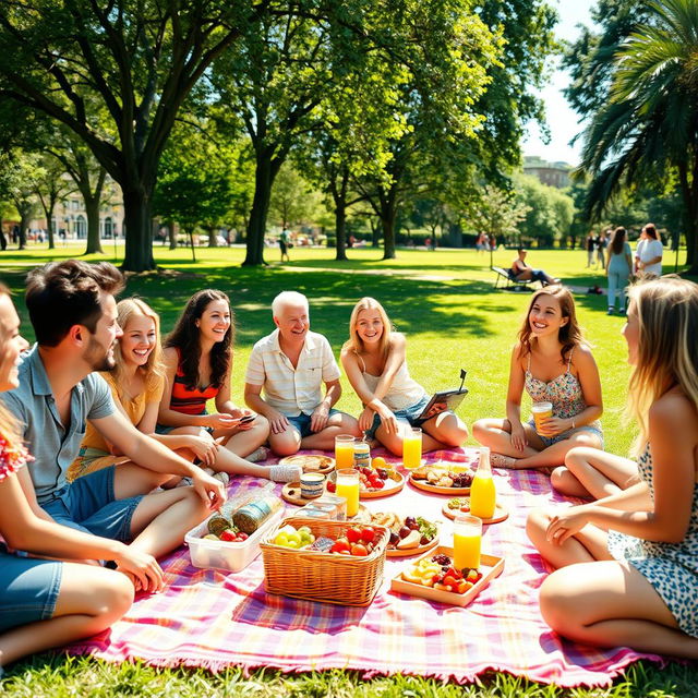 A vibrant group of friends enjoying a sunny day at a park